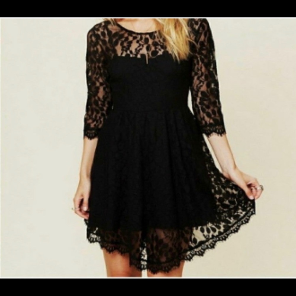 Free People Black Leaf Lace Dress
